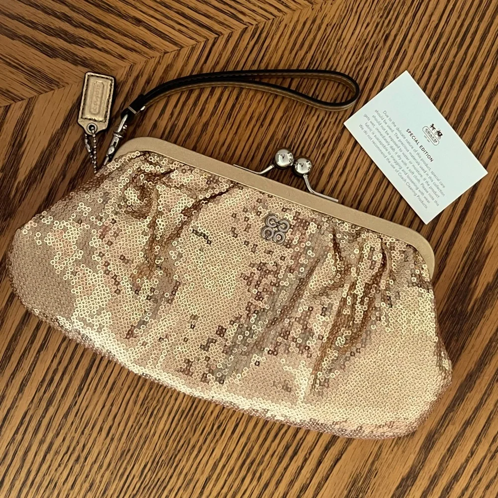 COACH Julia Gold Sequin Kisslock Frame Clutch Wristlet